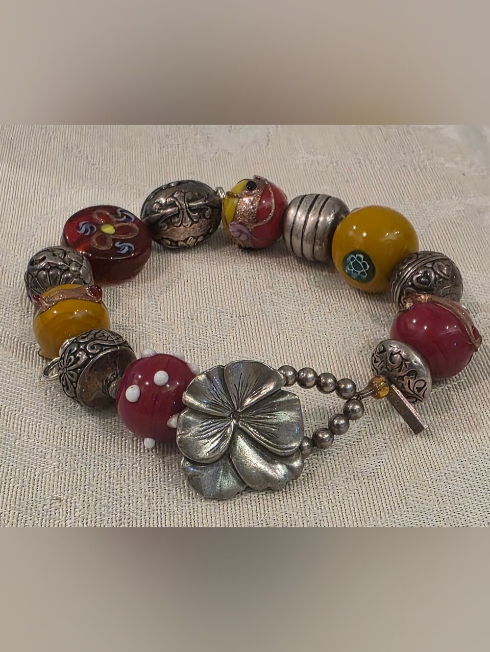 Vintage Danforth Pewter 7.5" Handmade Beaded Bracelet Flower Charm